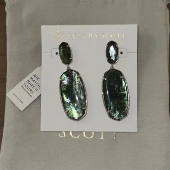 Kendra Scott Elle Custom Statement Earrings Silver & Green Sage Mica NEW - Picture 2 of 6